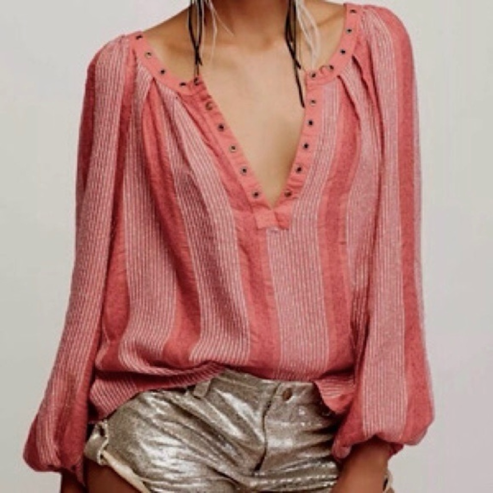 FREE PEOPLE Against All Odds Grommet Stripe Long Sleeve Blouse Desert Sun Pink